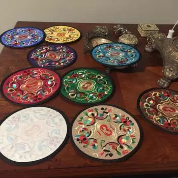 Китайский стиль Креативная машинная вышивка Круглая тканевая подставка под стакан Теплоизоляция Антиожоговая Водонепроницаемая Mixed dark 8pcs