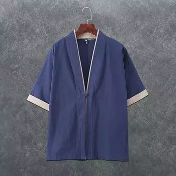 Китайский стиль льняной костюм Тан даосский халат мужской свободный тонкий японский кимоно рукав три четверти плащ ханьфу куртка XXXXXL чёрный