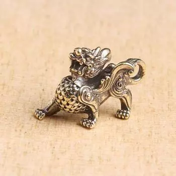 Китайский стиль латунная статуэтка зверя Цилин для богатства, процветания, удачи, фэншуй, удачи, благоприятного зверя, старинные украшения для автомобиля, рюкзака, брелока бронзовый