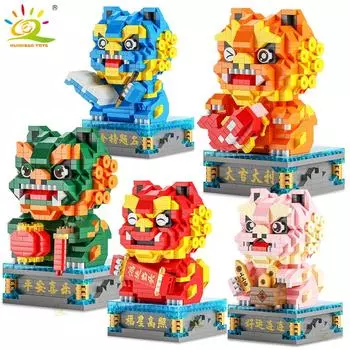 Китайский стиль Lucky Dancing Lion Diamond Micro Building Blocks Украшение стола Кирпичи Детские собранные игрушки для детей