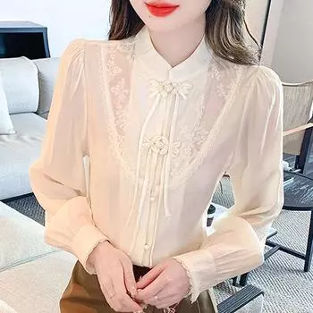 Китайский стиль мода осень новинка 2024 длинный рукав воротник стойка кружева шифон блузка рубашка женские топы блузки рубашки J434 S абрикосовый