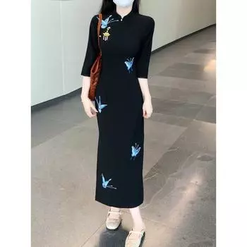 Китайский стиль Модифицированный Cheongsam Темперамент Бабочка Вышитые Черное Платье Для Женщин 2XL разноцветный