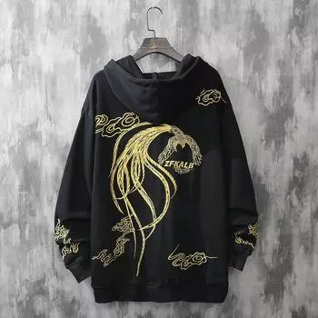Китайский стиль модная вышитая толстовка с изображением феникса для мужчин и пар 2XL чёрный