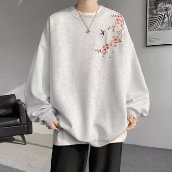 Китайский стиль надевать толстовки Мужская мода вышивка повседневная толстовка с капюшоном Мужской круглый вырез свободный весна осень уличная одежда топы 5XL чёрный