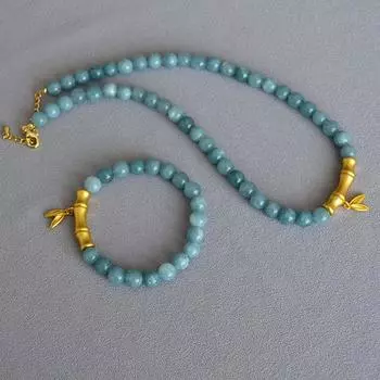 Китайский стиль Ниша Дизайн Ретро Аквамарин Настоящий камень Бусины Бамбуковые листья Латунь Древний позолоченный ожерелье Браслет
