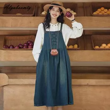 Китайский стиль осень-весна Женский повседневный свободный сарафан на подтяжках свободного покроя джинсовое платье винтажное платье миди без рукавов One Size