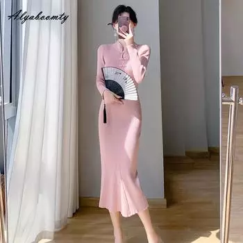 Китайский стиль осень зима женское платье-свитер с воротником-стойкой розовое бежевое черное трикотажное платье-труба элегантное женственное трикотажное платье-русалка One Size розовый