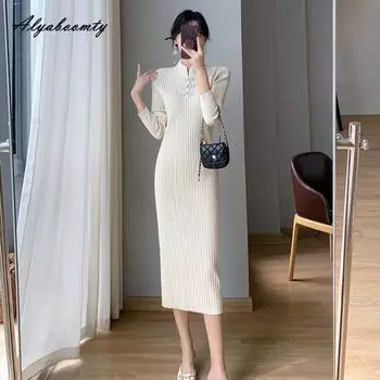 Китайский стиль осень зима женское платье-свитер с воротником-стойкой синий черный бежевый трикотажное платье А-силуэта с длинным рукавом элегантное женственное платье One Size чёрный