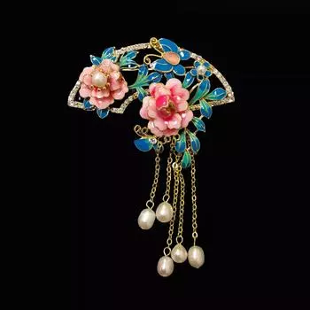 Китайский стиль пион веер брошь высокого класса женская ханьфу планка жемчужная бахрома брошь булавка костюм и аксессуары