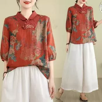 Китайский стиль повседневные блузки рубашки женские летние винтажные принты свободные женские короткие рукава хлопковые топы рубашки XXXL оранжевый