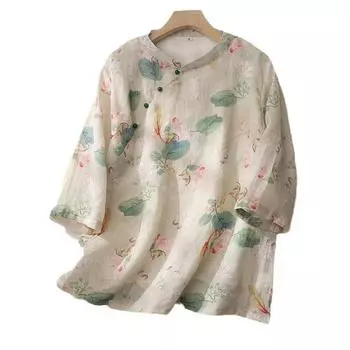 Китайский стиль ретро косой воротник хлопка льна рубашка со средними рукавами для женщин летом свободная утягивающая льняная набивная маленькая рубашка тонкий топ M