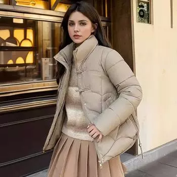 Китайский стиль ретро пряжка вниз хлопковая одежда женская короткая мода теплая свободная большой размер утолщенный воротник стойка зимняя одежда M чёрный