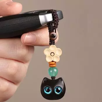 Китайский стиль сандалового дерева брелок для ключей подвески для ключей ремешок для ключей Lucky Lucky Cat кулон для женщин D