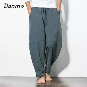 Китайский стиль шаровары мужские хлопковые льняные свободные брюки мужские повседневные однотонные брюки спортивные штаны большого размера XXXXXL чёрный