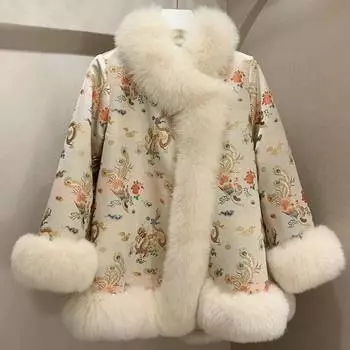 Китайский стиль сращивания искусственный мех лисы искусственный мех куртка женский придворный знаменитость атласный костюм Тан средние и длинные гвозди бусины Мао Мао S