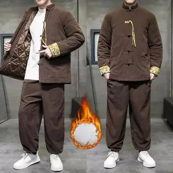 Китайский стиль Тан костюм стеганая куртка осень и зима плюс хлопок утолщенный черный костюм ретро свободный мужской костюм из двух частей XXXXXL чёрный