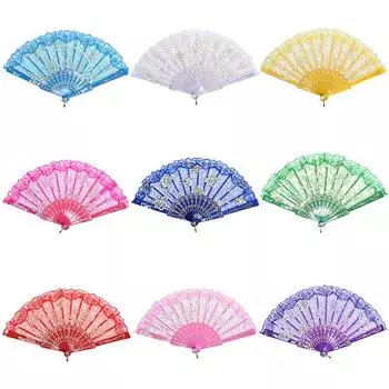 Китайский стиль Танцевальная вечеринка Свадебный кружевной складной ручной веер с цветами королевский синий