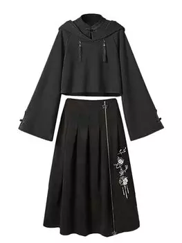 Китайский стиль толстовка с капюшоном комплект из 2 предметов топы юбка китайская одежда стильная весна осень [Minesam] женская + (Черный, М)