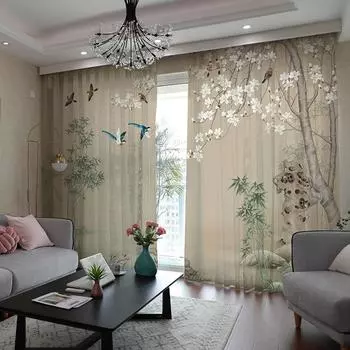 Китайский стиль тушью цветы пейзаж прозрачные шторы для гостиной современные шторы для спальни оконные шторы 2 панели Milled cotton fabric&Grommet Top