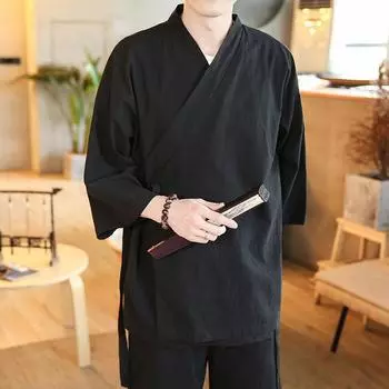 Китайский стиль, весна и лето, косой лацкан, Ханфу, мужской древний костюм, элемент Хан, древний стиль, одежда дзен, мужская одежда в китайском стиле S чёрный