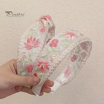 Китайский стиль вышитый цветок обруч для волос женский широкий завязанный эластичный ободок для волос аксессуар для наряда розовый