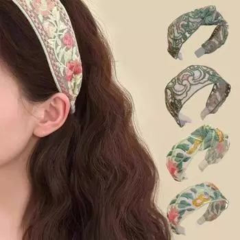 Китайский стиль вышитый цветок обруч для волос женский широкий завязанный эластичный ободок для волос аксессуар для наряда розовый