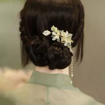 Китайский стиль Зеленый цветок шпилька освежающий цветок жемчуг кисточка боковые зажимы старинный 1 pcs