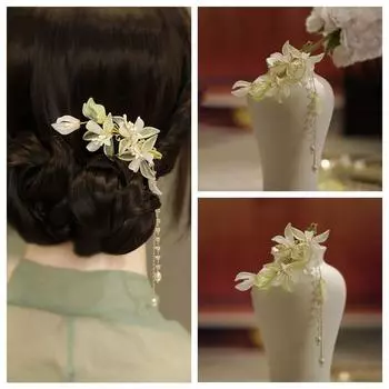 Китайский стиль Зеленый цветок шпилька Винтажный цветок жемчуг кисточка боковые зажимы для девочек 1 pcs