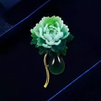 Китайский стиль Зеленый пион Брошь Женская ретро темперамент Имитация халцедона Цветочная булавка Простая и элегантная брошь Аксессуары
