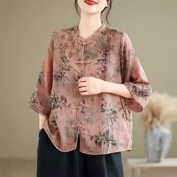 Китайский стиль Женская повседневная рубашка поступление лето винтажная цветочная вышивка свободные женские топы с коротким рукавом рубашки S