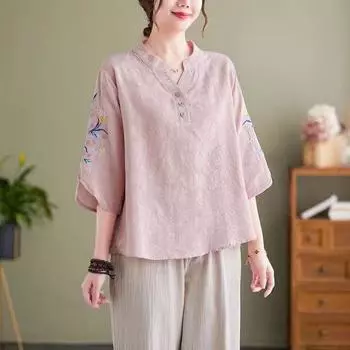 Китайский стиль женский летний топ женская хлопковая льняная вышитая маленькая рубашка льняная рубашка в китайском стиле M зелёный