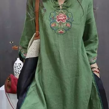 Китайский стиль Женское винтажное вышитое платье с воротником-стойкой Весна Осень Одеяние Одежда 4XL
