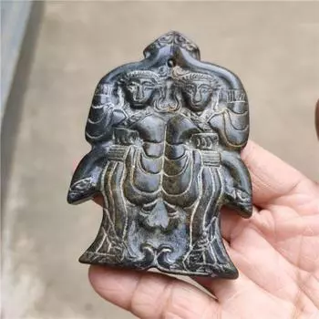 Китайский Тибет Хуншань Культура Антикварный Натуральный Метеорит Резная Двойная Фигурка Талисман Коллекция Ювелирных Изделий Украшения Подвеска Подарок 02712