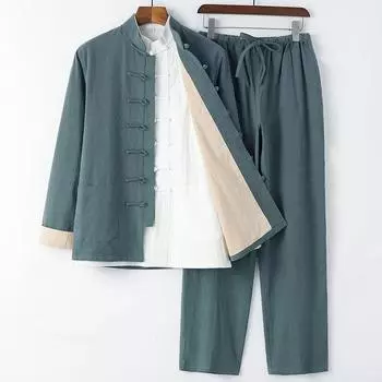 Китайский традиционный костюм Тан кунг-фу униформа ретро повседневный хлопок лен плюс размер комплект одежды тайцзи для мужчин XXXXL синий