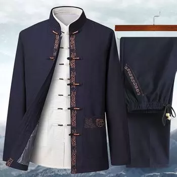 Китайский традиционный мужской костюм Тан, верх, брюки, ханьфу, восточная вышивка, комплекты одежды, повседневная форма для кунг-фу тайцзи 195