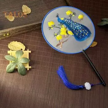 Китайский вышитый круглый веер Павлины Цветок Панда Бамбуковый винтажный ручной веер Двусторонняя вышивка Дворцовый веер в старинном стиле с кисточкой для вечеринок A