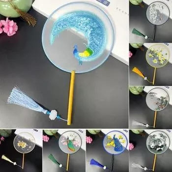 Китайский вышитый круглый веер с павлинами, цветком панды, бамбука, винтажный ручной веер, двухсторонняя вышивка, дворцовый веер в старинном стиле с кисточкой A