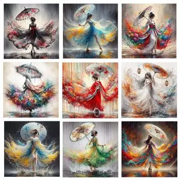 Китайский женский зонт Ханьфу 5DDIY Алмазная картина Гостиная Украшение дома Абстрактная красивая девушка Настенная живопись Подарок Full Round 20x20CM