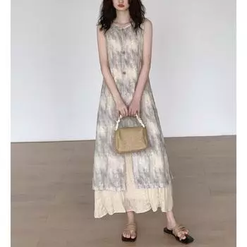 Китайский жилет без рукавов юбка женская двухсекционное платье летняя женская длинная юбка S