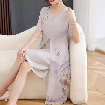 Китайское традиционное платье чонсам, летнее, с цветочным принтом, свободный крой, удобная дышащая ткань, винтажный стиль для женщин XL