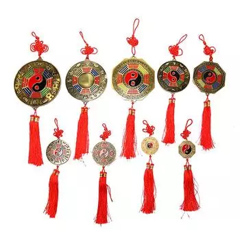 Китайское зеркало фэн-шуй Инь-Ян Багуа с подвесным декором в виде китайского узла B-5CM