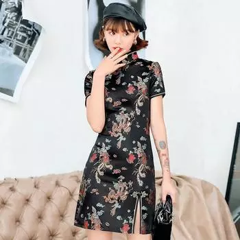 Китайское женское атласное платье, элегантное тонкое винтажное платье Cheongsam с воротником-стойкой, Vestidos, сексуальное торжественное платье с высоким разрезом XS чёрный