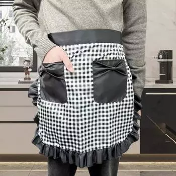 Kitchen Apron with Double Pockets Ruffle Trimmed Half Apron Adjustable Ties Western серый