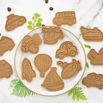 Kitchen Baking Cookie Moulds Engineering Vehicle 8 Pcs Cartoon Transportation Van Cookie Pressing Moulds Flip Candy Baking