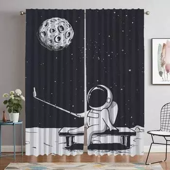 Kitchen Curtains 2 Pieces Astronaut Printing Living Room Curtain Curtains for Bedroom Partition Halloween Decoration Blackout W50xH70cmx2pcs-CL
