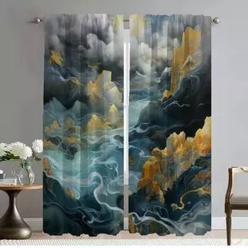 Кухонные шторы 2 шт. Японские волны для домашнего интерьера Шторы для камеры Затемняющие шторы Хэллоуин украшения Оттенки для комнаты W50xH70cmx2pcs-CL