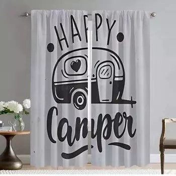 Kitchen Curtains Child Room Happy Campers Anti-mosquito Curtains 2 Pieces Window Curtain Halloween Decoration Tulle for Bedroom W50xH70cmx2pcs-CL