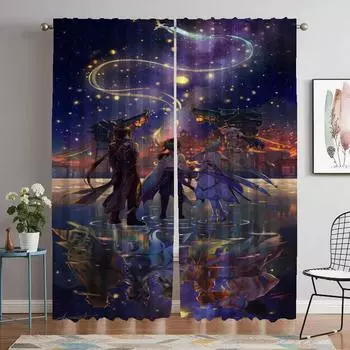 Kitchen Curtains for Camera Genshin Impact Elegant Room Curtains 2 Pieces Shades Tulle for Bedroom Blackout Curtain Partition W50xH70cmx2pcs-CL