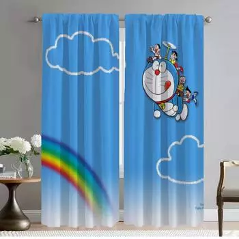 Kitchen Curtains for Living Room Doraemons Home Interior Curtains 2 Pieces Window Curtain Partition Tulle for Bedroom Shades W50xH70cmx2pcs-CL