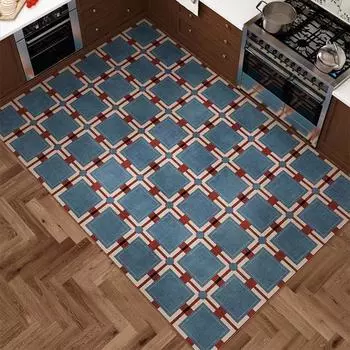 Kitchen Floor Mat Pvc Non-slip Waterproof Carpet Leather Oil-proof Blue Plaid American Home Decoration Rug Alfombra De Cocina 50x80cm